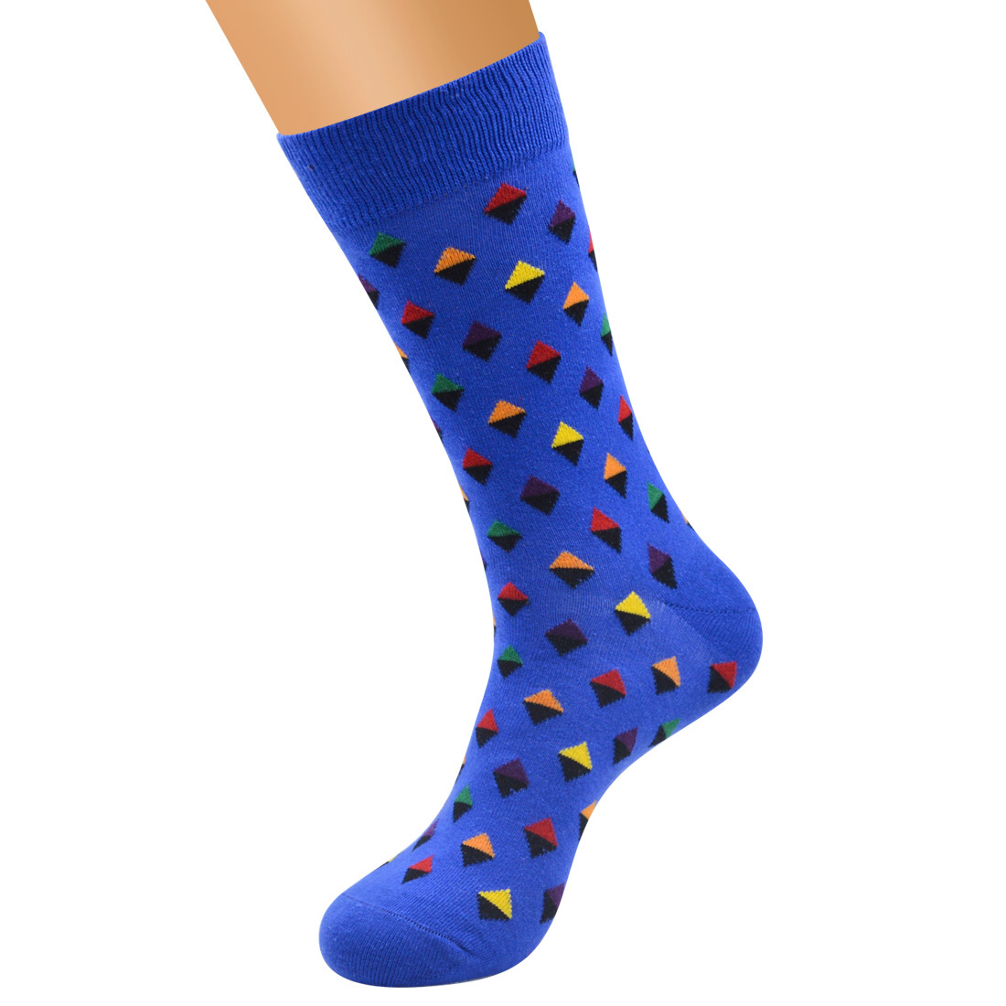 A pair of blue socks with a geometric pattern of different-colored triangles on the ankle area, extending up to the calf.
