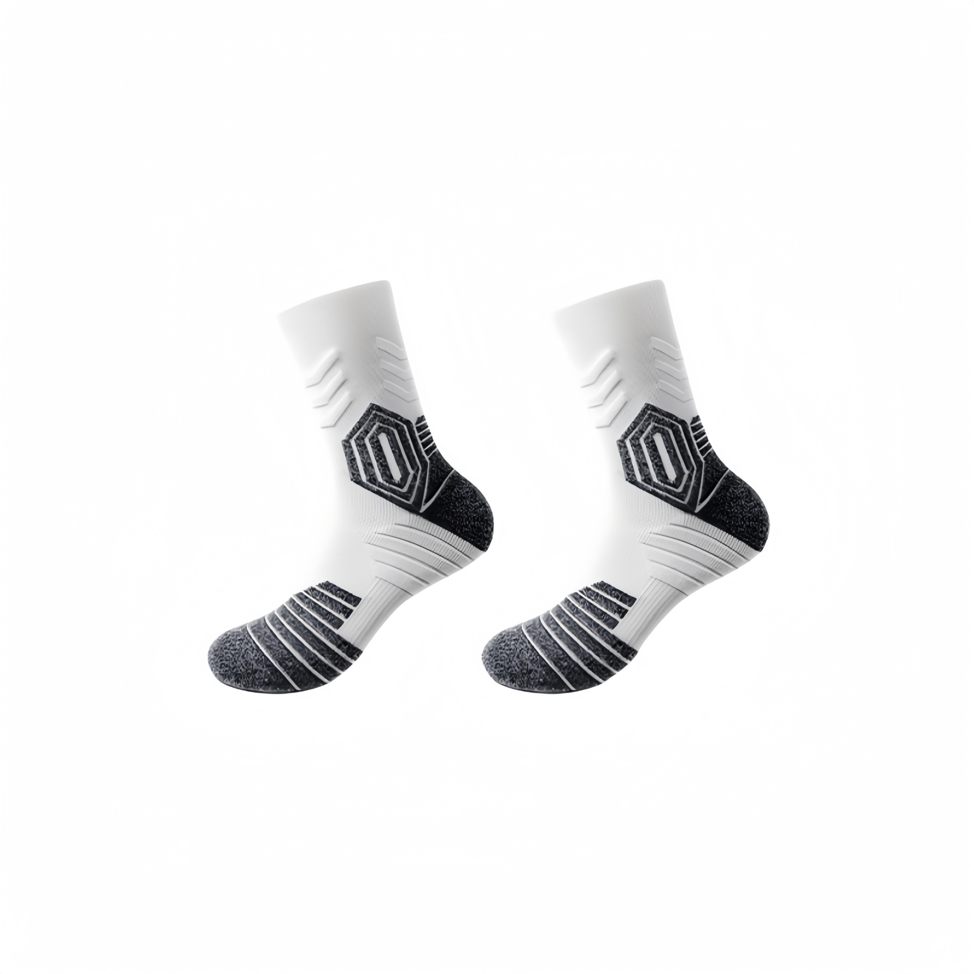 Pair of white socks with black geometric patterns on a white background