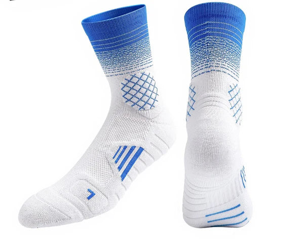 A pair of sports socks with white and blue colors and a non-slip grip design on the sole.