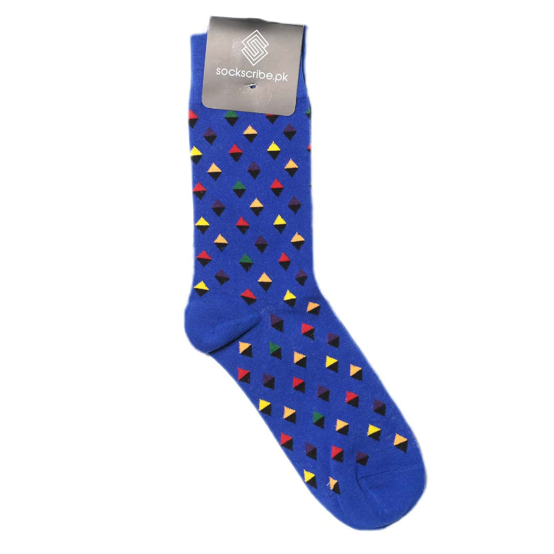 A pair of blue socks with a geometric pattern of different-colored triangles on the ankle area, extending up to the calf.