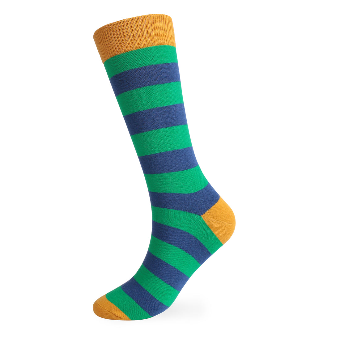 A striped crew sock with green and blue stripes and a yellow heel.
